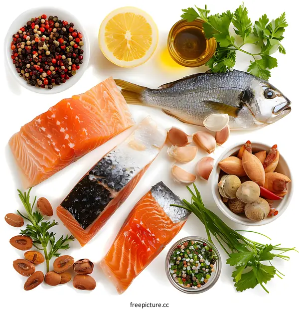 Fresh Salmon and Sea Bass Fillet with Herbs, Spices and Lemon