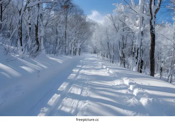 Snow Covered Forest Path in Winter