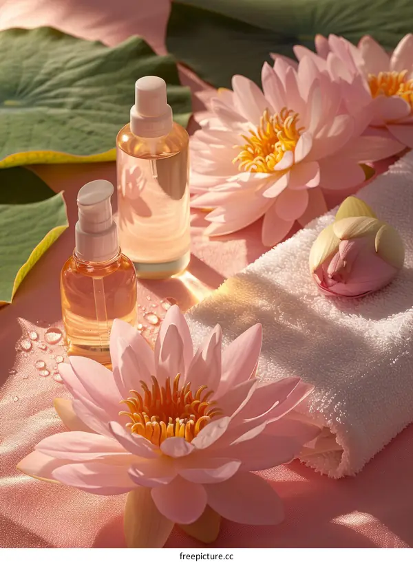 Close up of spa products and lotus flowers on a pink background