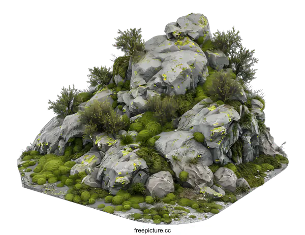 [Transparent Background PNG]Mountain Rock Formation with Moss and Greenery