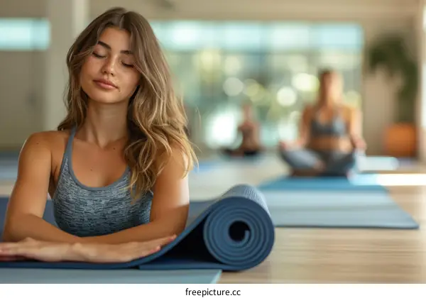 Young woman sitting on a yoga mat with her eyes closed and a serene expression on her face. There are two other women in the background also doing yoga.