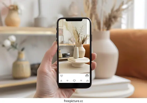 Hand Holding Phone Showing Interior Design Photo