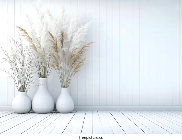 White Vase with Dried Pampas Grass on White Wood Wall Background