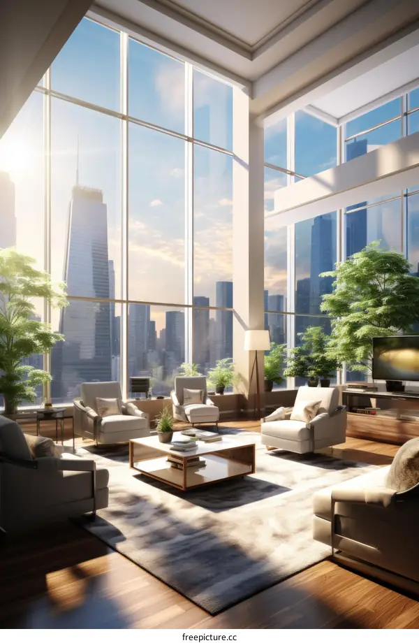 Modern living room interior design with large windows and city view