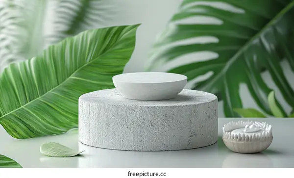 Minimalist Abstract Display Stand with Nature Leaf Background