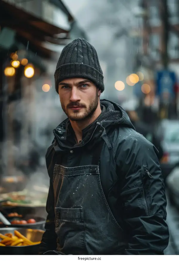 Portrait of a male chef in a black apron and beanie