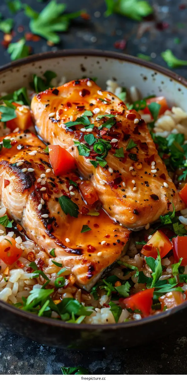 Pan-Seared Salmon with Brown Rice and Steamed Vegetables