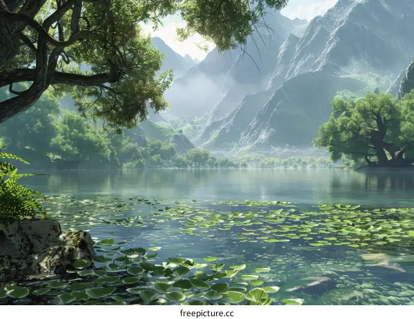 Serene Mountain Lake with Lily Pads