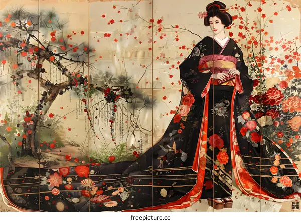 A Japanese woman in a kimono standing in a garden