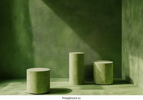 Green Studio Scene with Cylindrical Displays