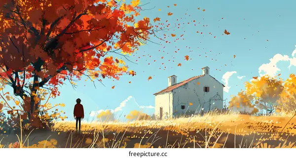 Autumn Landscape with a Person Looking at a House