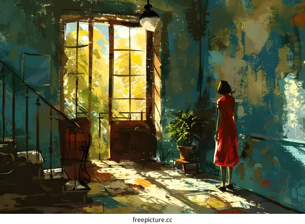 girl in red dress looking out the door