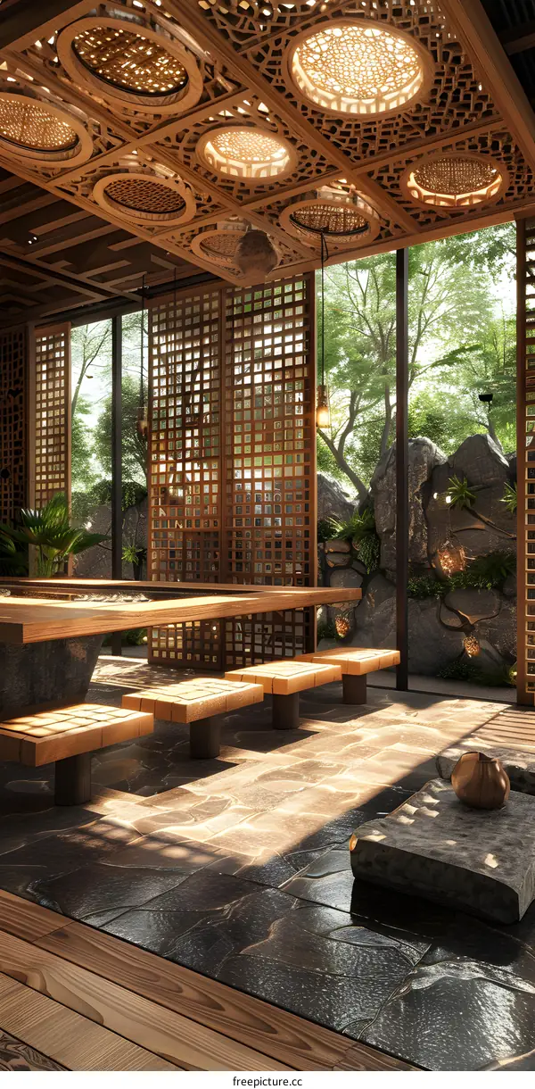 The picture shows a room with a long wooden table and benches. The room has a high ceiling with wooden decorations. The room is surrounded by trees and has a lot of natural light.