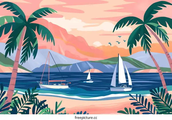 Tropical Landscape with Sailboats and Palm Trees