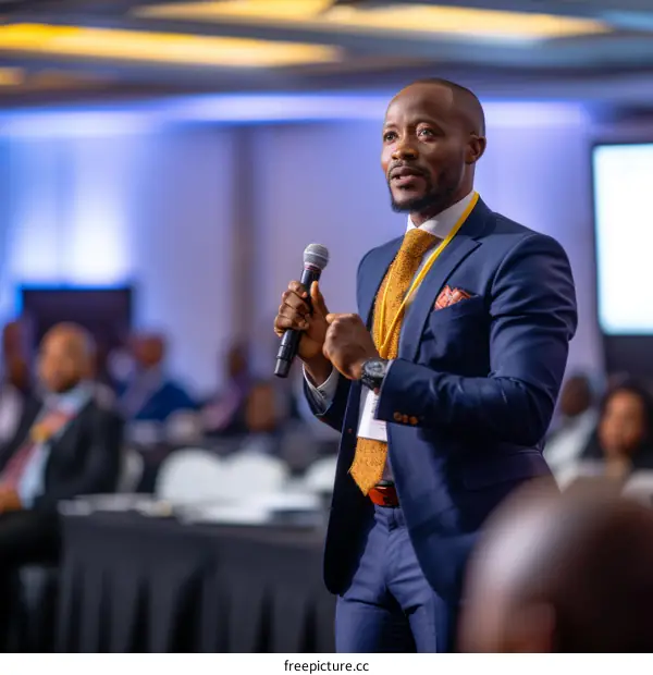 A young African man speaking at a conference