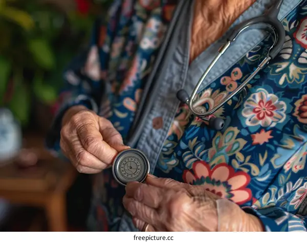 A senior female doctor is holding a stethoscope in her hands