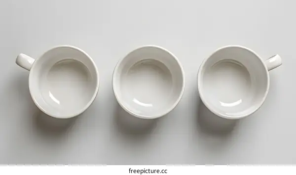 Three white ceramic cups on a white background.