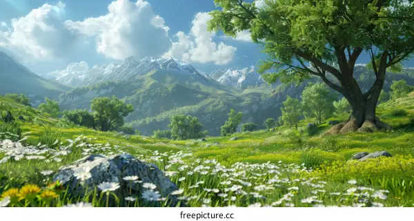 Fantasy Landscape with Mountains and Lush Nature