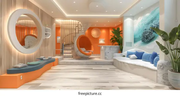 An orange modern hotel lobby interior design with a curved staircase and a big round orange pod chair