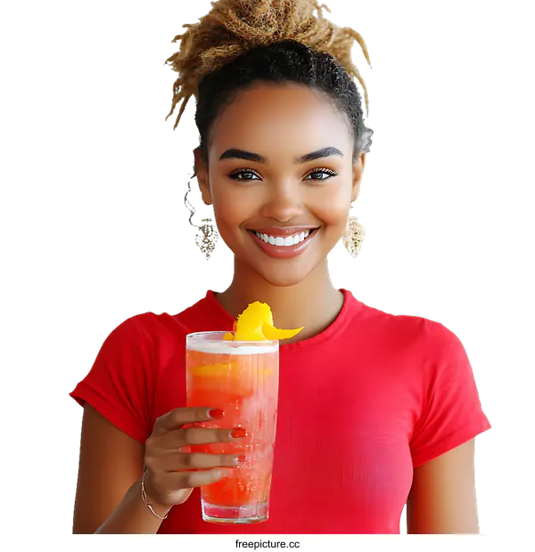 [Transparent Background PNG]Smiling Woman Holding a Refreshing Drink