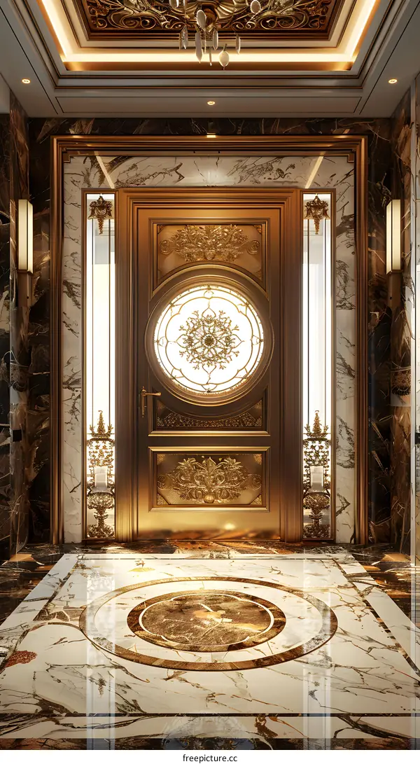 ornate golden door with round glass window