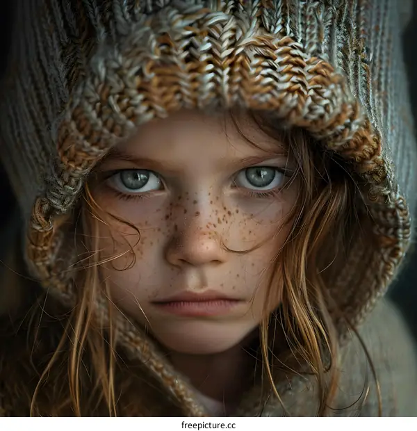 Portrait of a girl with freckles and green eyes