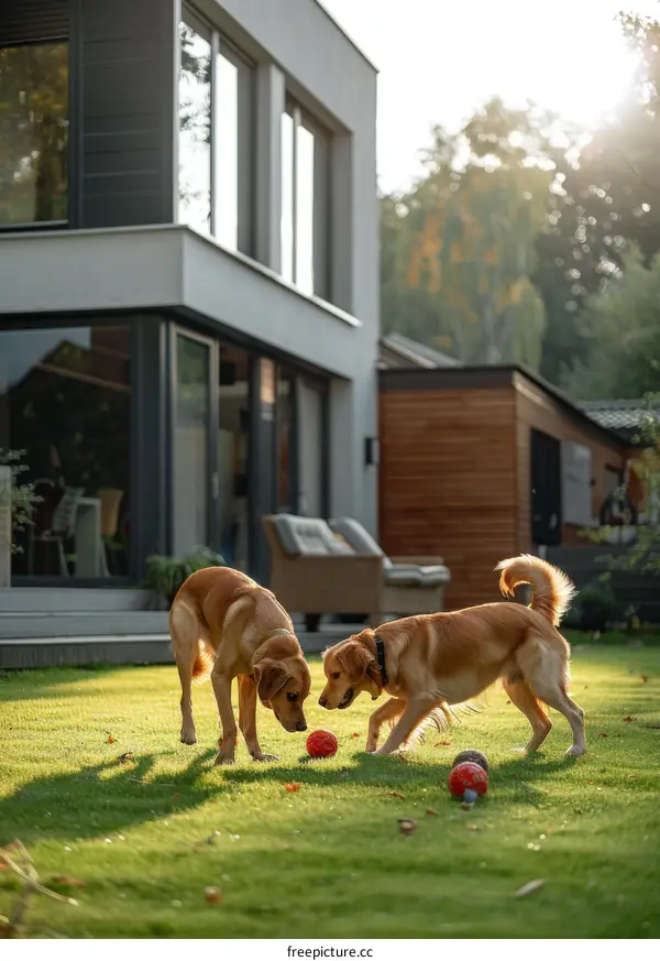 Two Golden Retrievers playing with a ball in the backyard