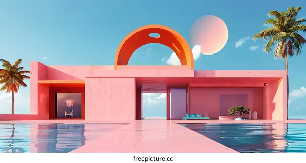 Pink surreal house with pool and palm trees