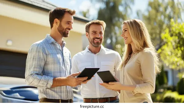 Real Estate Agents Discussing Property Outdoors