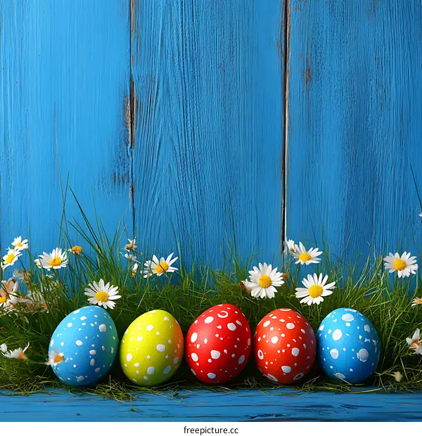 Colorful Easter Eggs on Blue Wooden Background