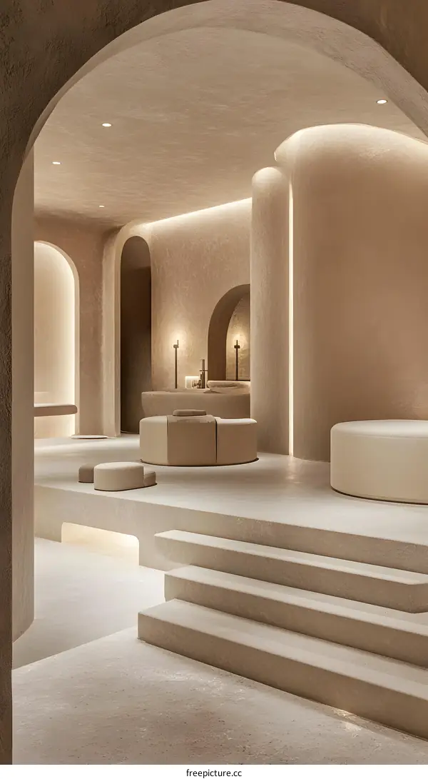 Minimalist Interior Design with Curved Walls and Arched Doorways