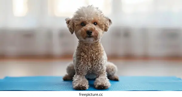 A cute poodle sits on a blue yoga mat