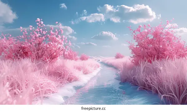 Pink surreal landscape with a river running through it