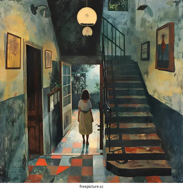 A girl standing at the entrance of a staircase, she is wearing a yellow dress, her back looks lonely.