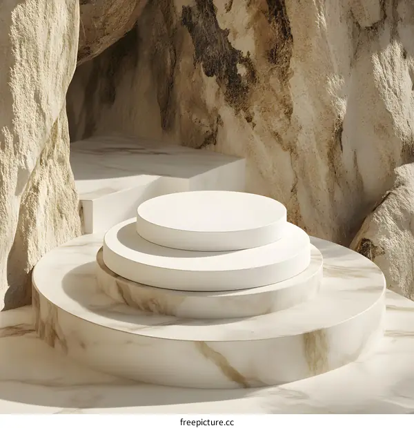 White Marble Podium on Rock Background Minimalist Product Display