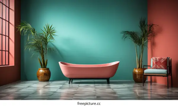 Pink bathtub in a green room