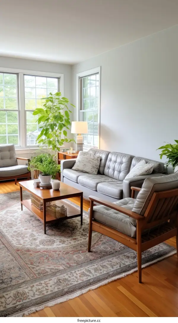 A mid-century modern living room with a gray leather sofa, two armchairs, and a coffee table