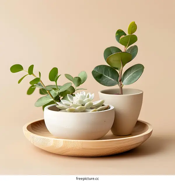 Succulents in White Pots on Wooden Tray Against Neutral Background