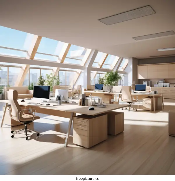 Modern Office Interior with Natural Light and Wooden Furniture