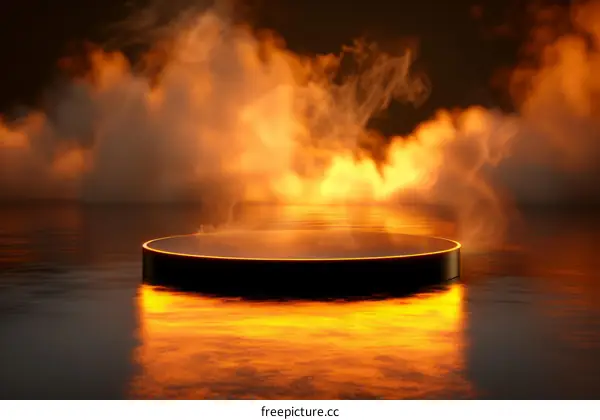 Black podium on the water with bright orange smoke and light