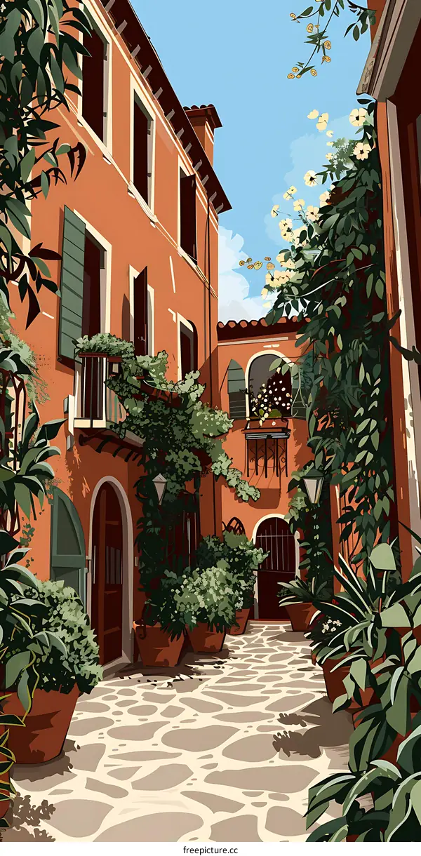Italian Courtyard Illustration With Flowers And Plants