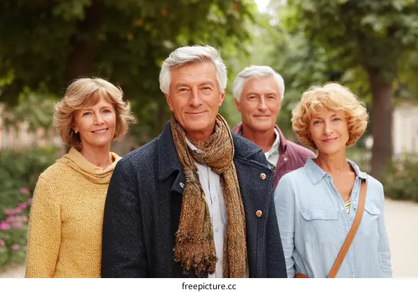 Four Senior Adults Enjoying a Stroll Outdoors