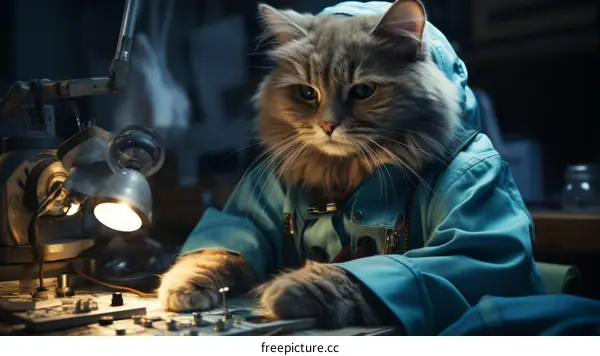 A Cat in a Blue Jacket Working on a Control Panel
