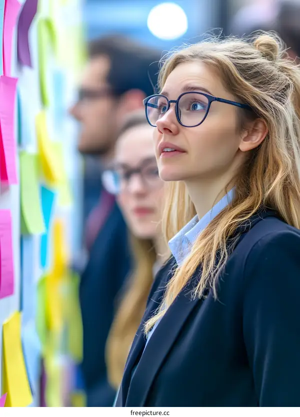 Young woman in glasses looks up at a wall of sticky notes