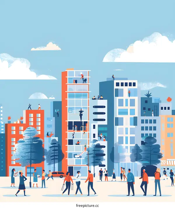 Cityscape Illustration with People Walking in the Street