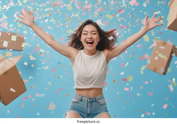 Asian woman celebrating with confetti falling