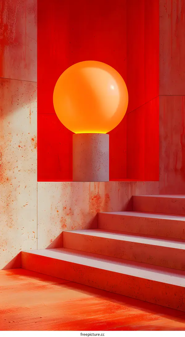 futuristic glowing sphere on concrete podium in red room