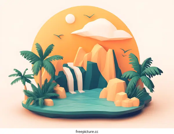 Low Poly Summer Landscape with Waterfall and Palm Trees
