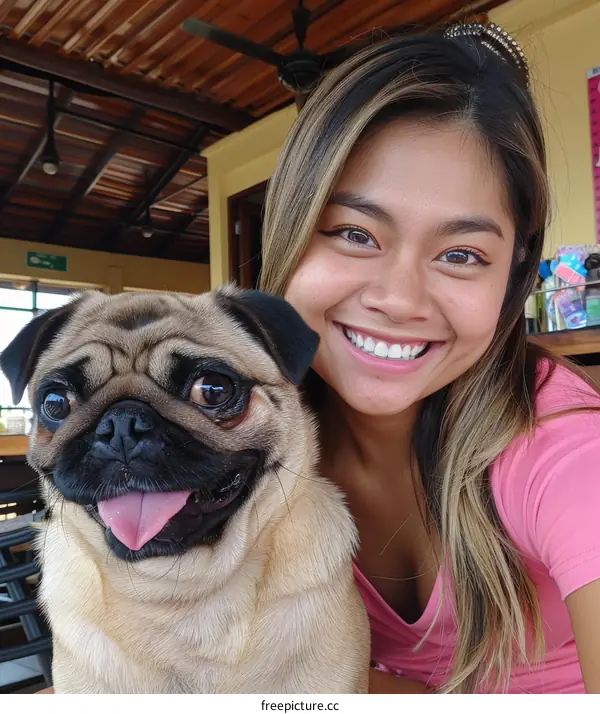 pug smiling with a happy woman