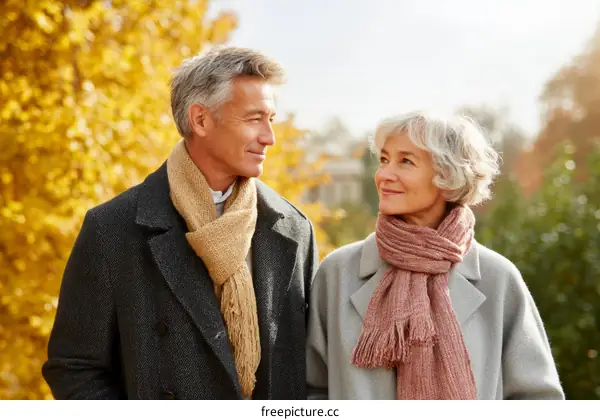 Autumnal Couple Enjoying a Stroll in a Park